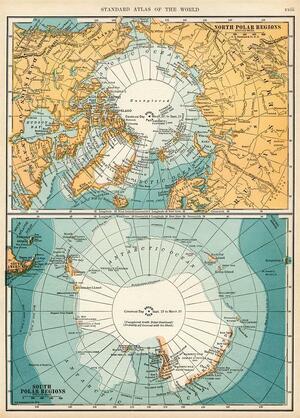 North and South Polar Regions Map Vintage