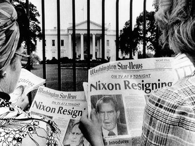 Tourists in Front of the White House Read Headlines, 'Nixon Resigning,' Aug 8, 1974